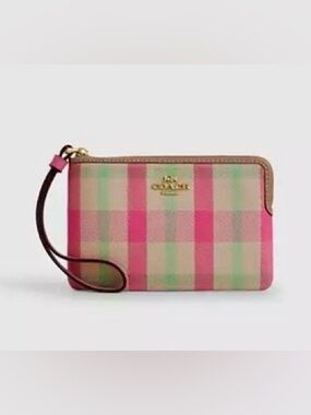 Coach Pink Green Plaid Wristlet Clutch
